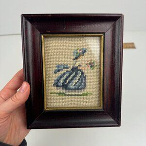 Vtg 1950s Needlepoint Art Girl in Blue Dress w Flowers w Gold Framed 7 in x 6 in